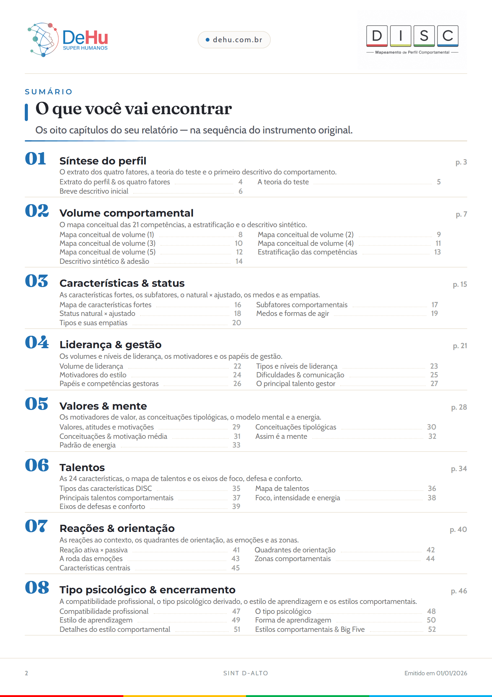 Sumário do relatório DISC, com os capítulos e a numeração das páginas