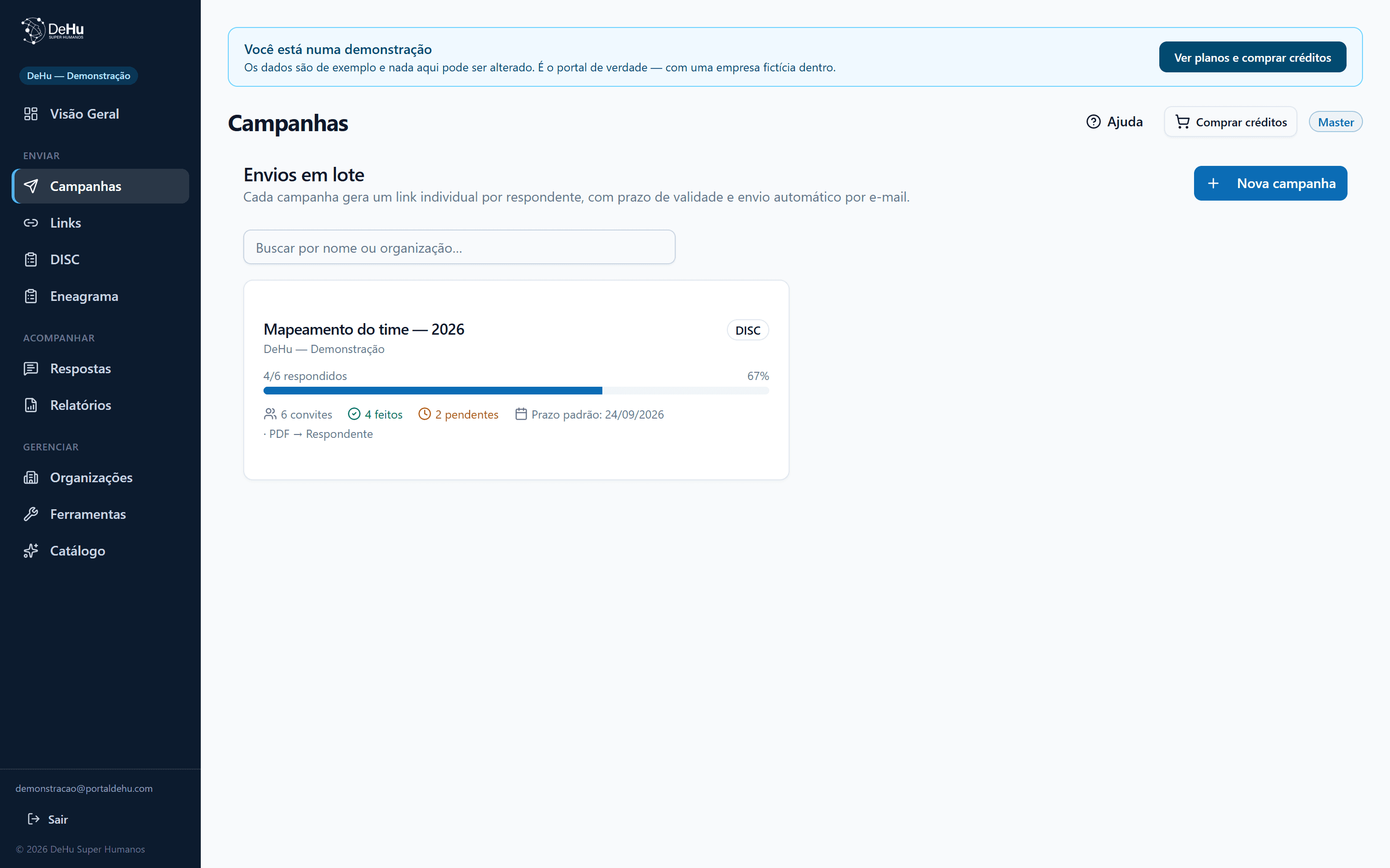 Campanhas do portal com progresso de respostas