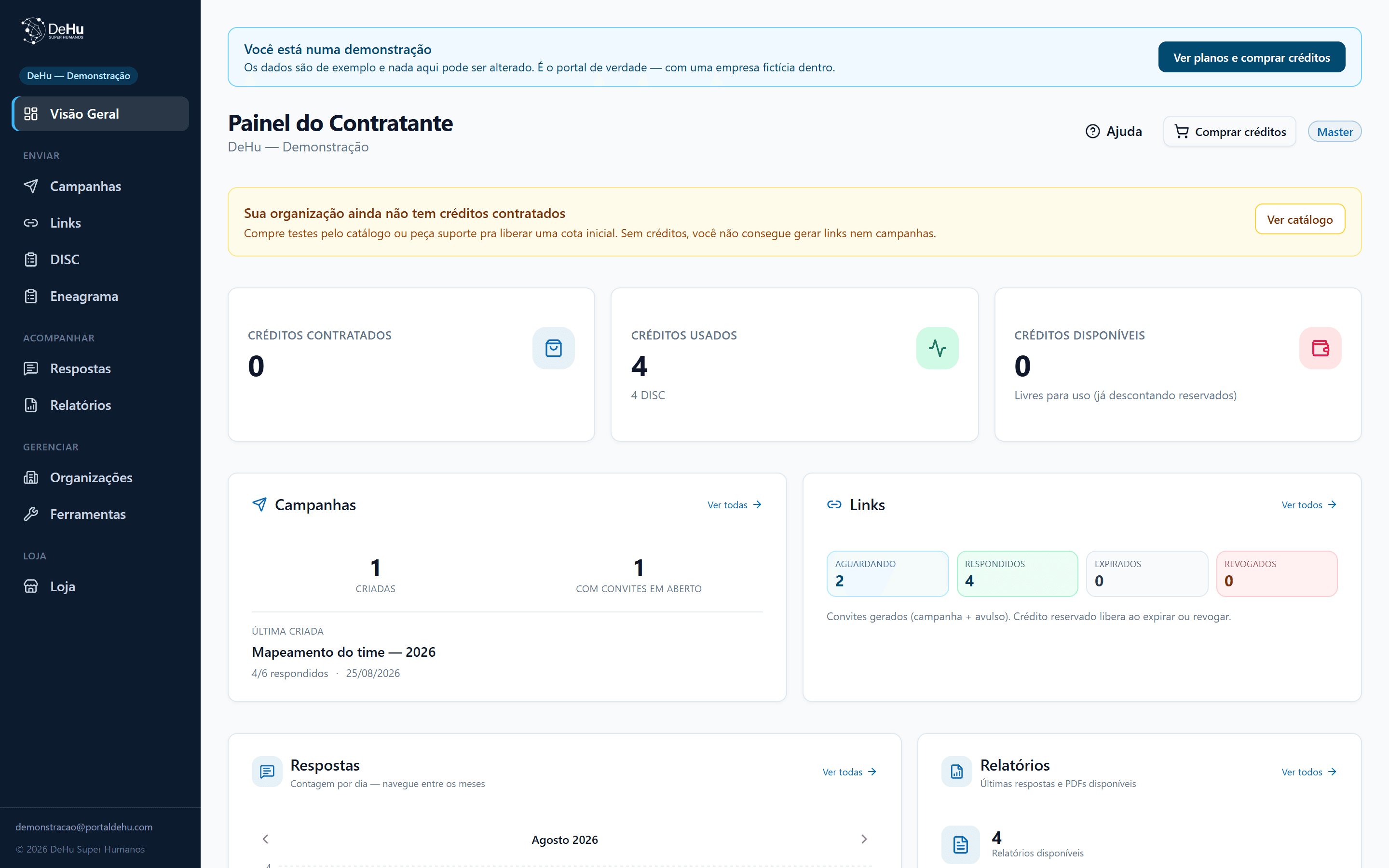 Visão geral do portal com saldo e atividade