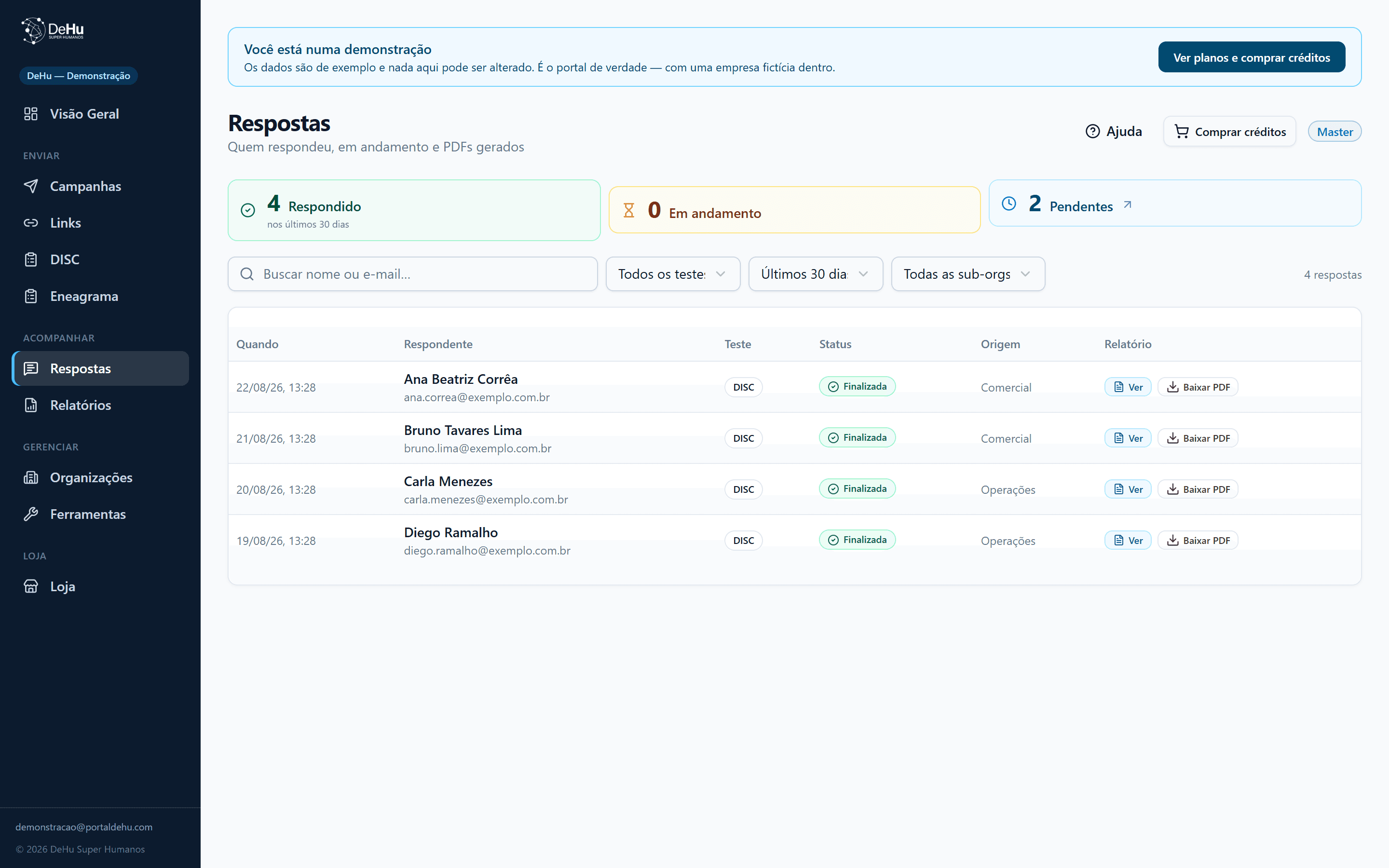 Tela de respostas do portal DeHu: lista de respondentes com o teste aplicado, o status de cada um e os botões de ver e baixar o relatório